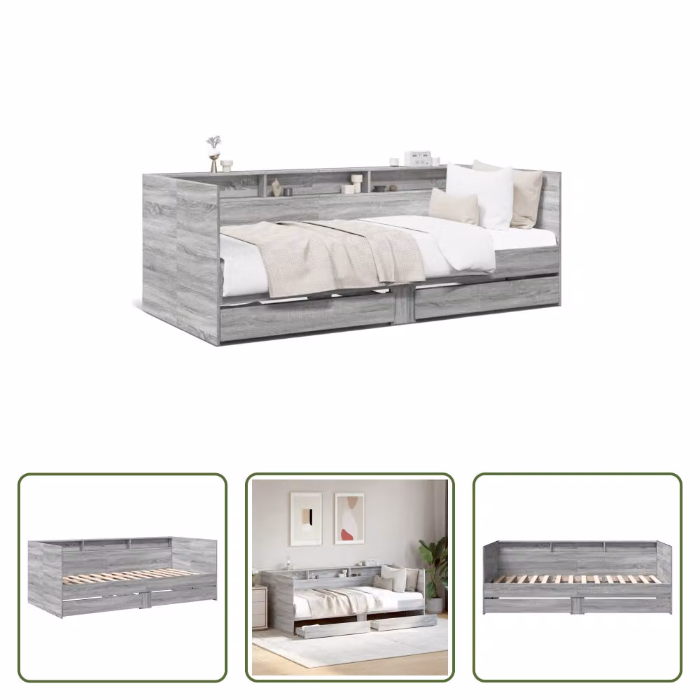 The Living Store Letto da giorno con cassetti Grey Sonoma 90x190 cm Materiale legno