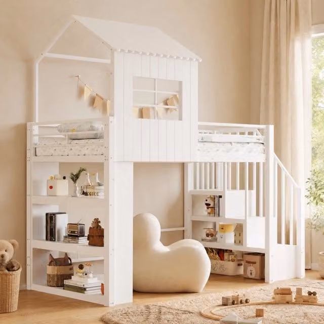 Letto alto multifunzione 90x200 cm bianco e rosa con scala
