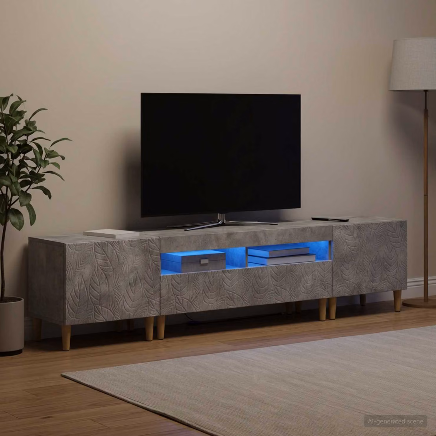 Mobile TV stand vidaXL DELFT in 3 pezzi, design moderno in legno e grigio cemento con illuminazione integrata e scomparti multimediali, adatto per schermi fino a 198 cm