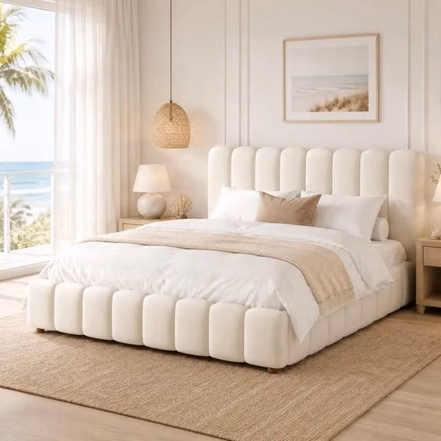Letto matrimoniale 160 × 200 cm con vano contenitore idraulico e testiera imbottita, senza materasso, velluto beige