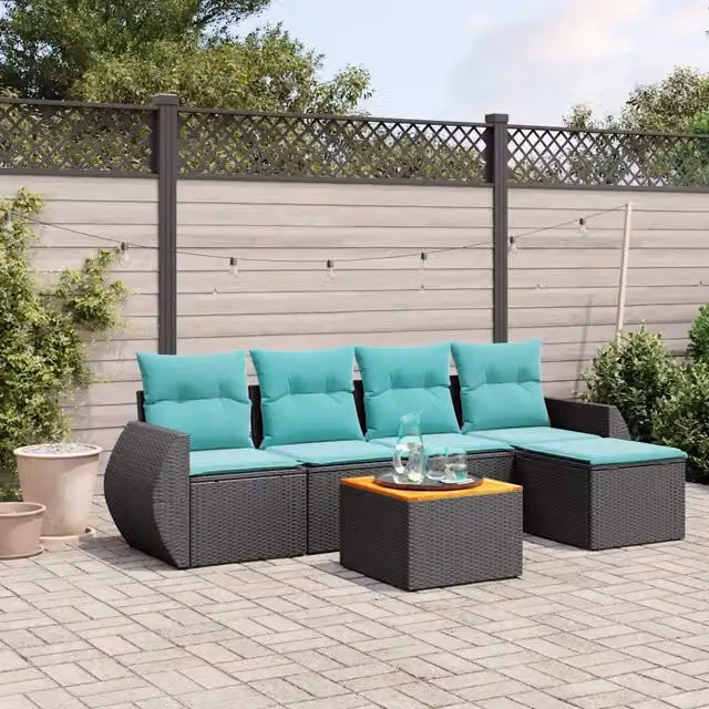 Set da giardino componibile a L vidaXL in polyrattan nero con 6 pezzi e cuscini inclusi
