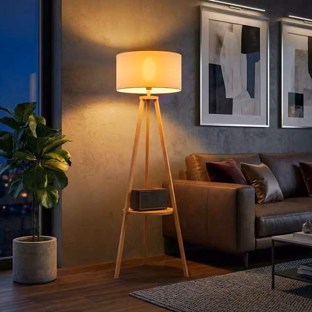 Lampada da terra HOMCOM con ripiano intermedio e paralume in tessuto beige, struttura in legno, L/P/H: 50 x 50 x 154 cm