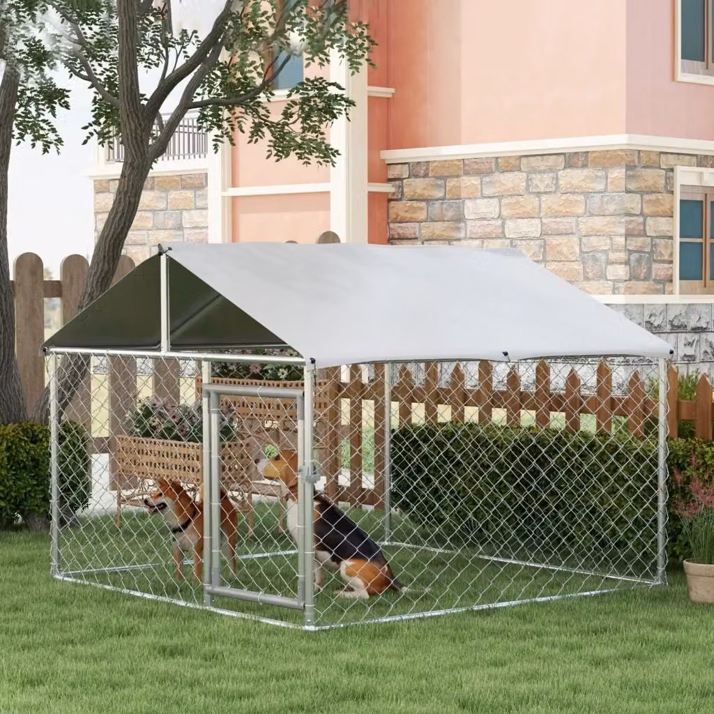 Recinto per cani taglia media da esterno GIORDANOSHOP con tetto impermeabile in poliestere e struttura in acciaio zincato, Argento, H 150 x L 200 x P 200 cm – 2