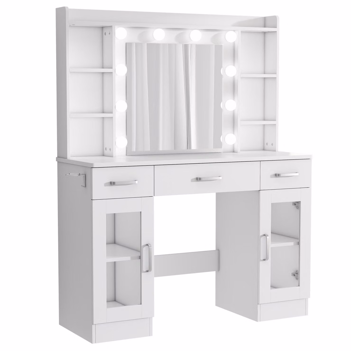 ZELURXX Toeletta bianca 110×40×145 cm con specchio LED 10 luci alimentazione USB incl. sgabello e supporto per asciugacapelli estraibile in metallo
