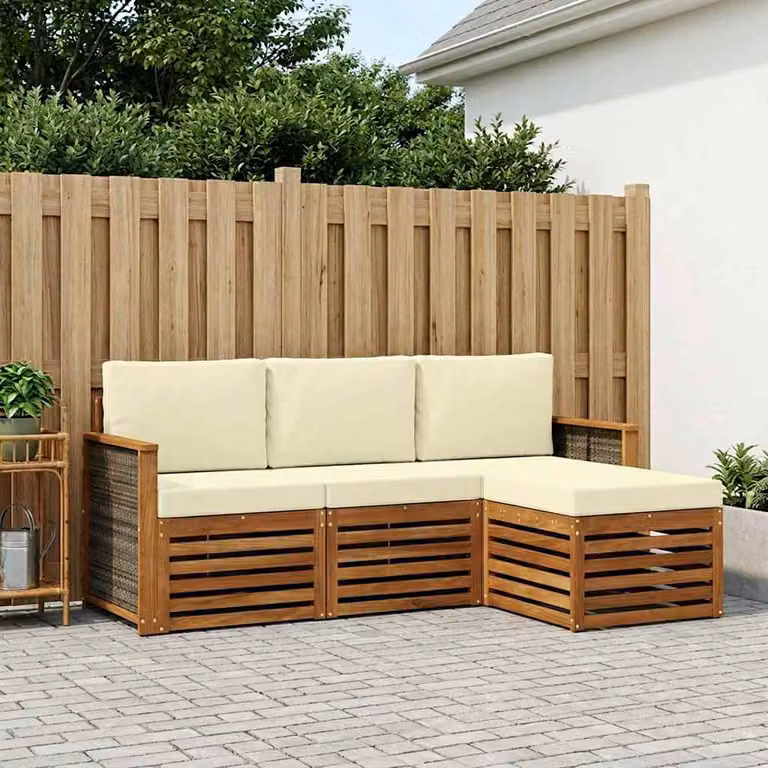 Set di divani da esterno vidaXL a forma di L in legno di acacia con pouf e cuscini, Beige e Marrone
