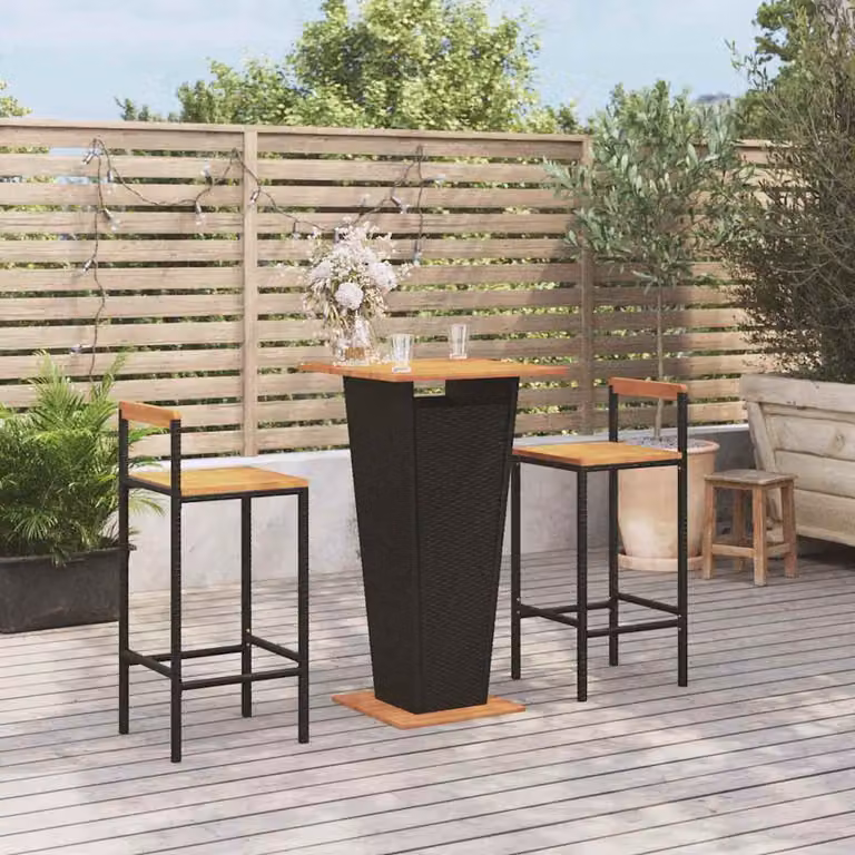 Set Bar da Giardino vidaXL in 3 Pezzi Nero in Polyrattan e Legno di Acacia