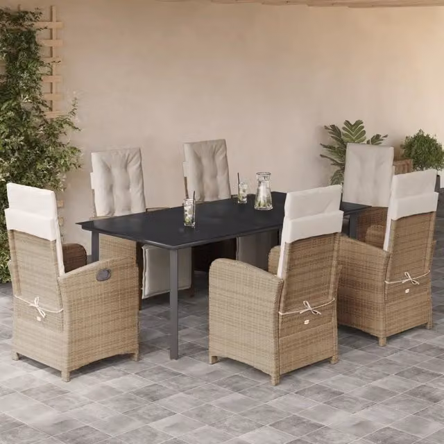 Set da pranzo da giardino vidaXL in polyrattan con cuscini beige e tavolo in vetro, 7 pezzi