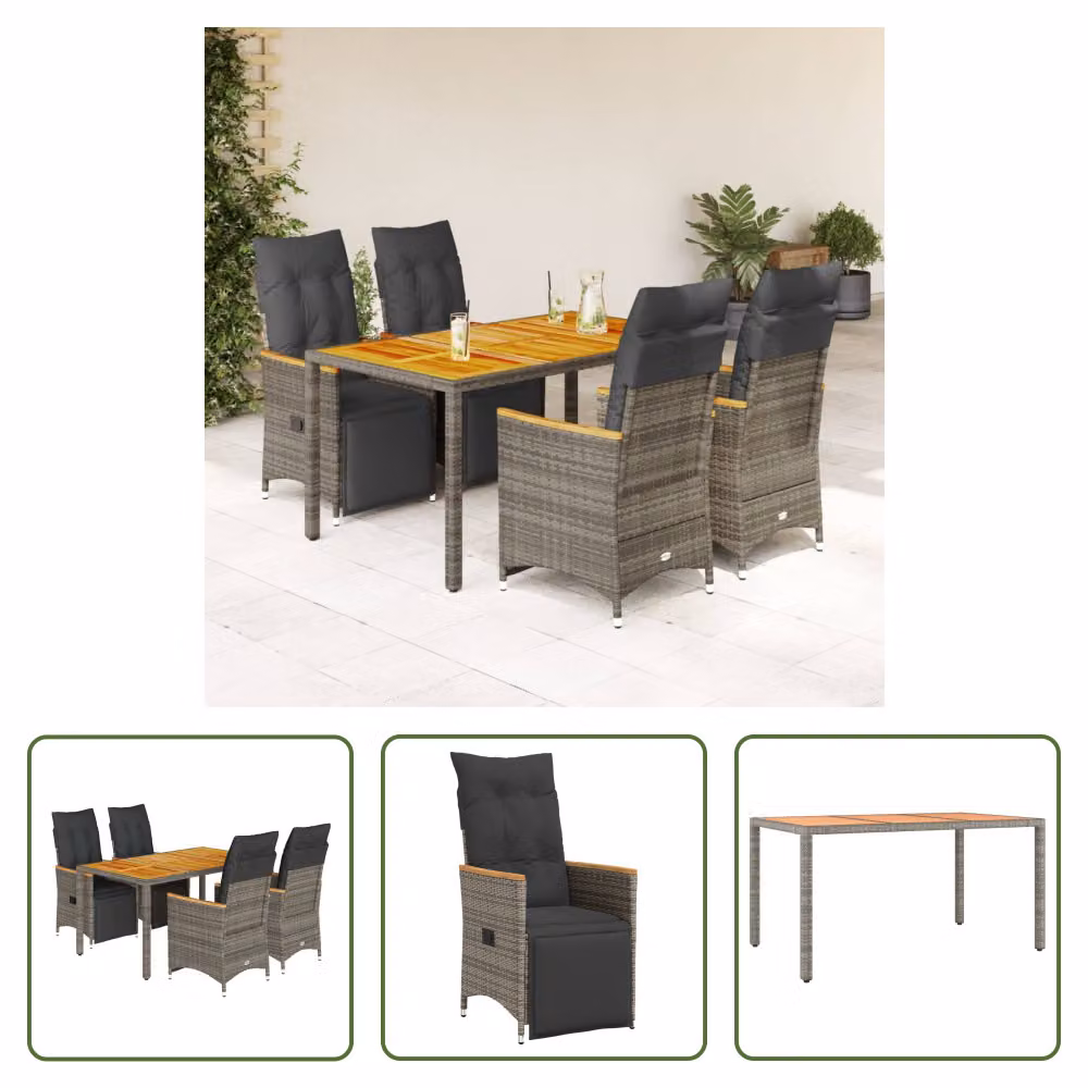 The Living Store Set da giardino bistrot 5 pezzi con cuscini in poly rattan grigio