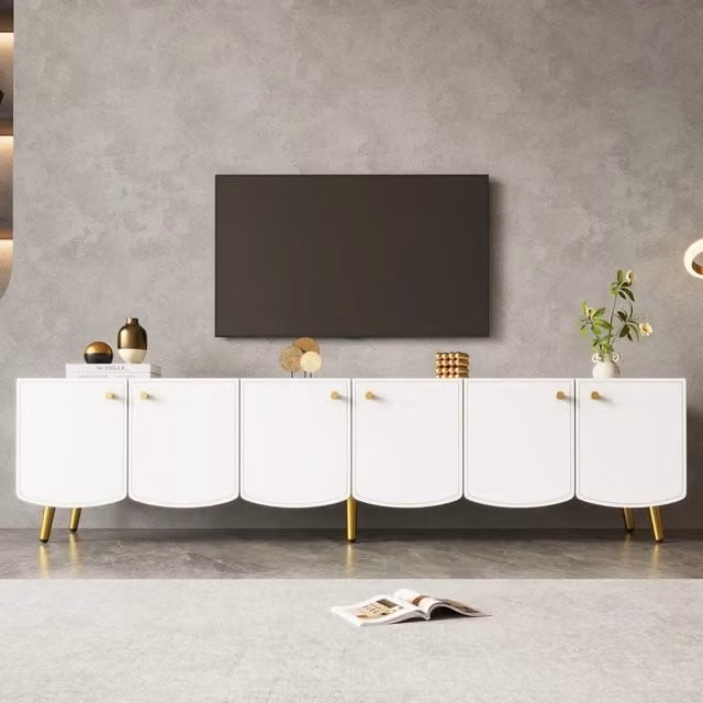 Mobile TV Minimal Bianco e Oro con 6 Ante per Soggiorno e Camera, L: 180 cm, P: 40 cm, H: 45 cm