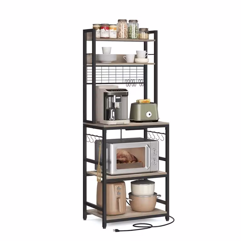 Scaffale Cucina con Multipresa Marrone Vintage e Nero, Greige + Nero / 40 x 60 x 170 cm