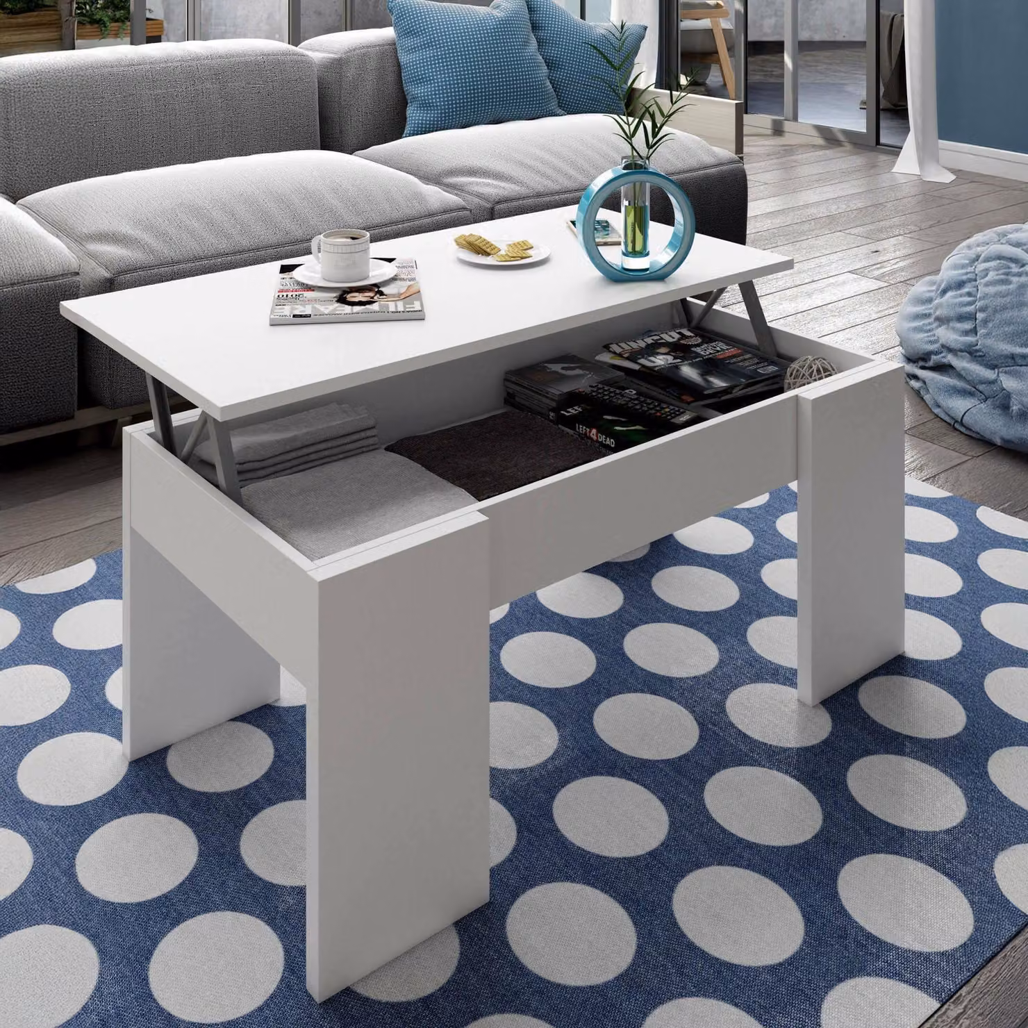 Dmora Tavolino da Salotto Almas 45x100x50h cm Bianco Lucido, un Vano Piano Elevabile, Contenitore