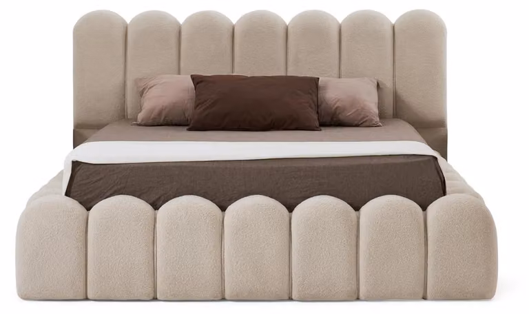 Letto matrimoniale, camera da letto, testiera imbottita, tessuti, legno