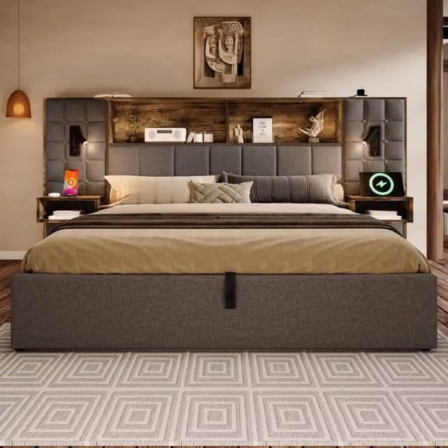 Letto Contenitore REDOM in Lino Grigio con Luci, Comodini Integrati e Porte USB L/P/H: 180 x 200 x 119 cm