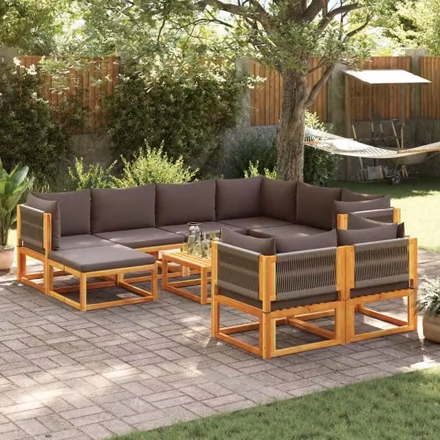 Set di divani da giardino vidaXL a forma di U composto da 10 pezzi in legno di acacia oliato con cuscini grigi e marroni – 1