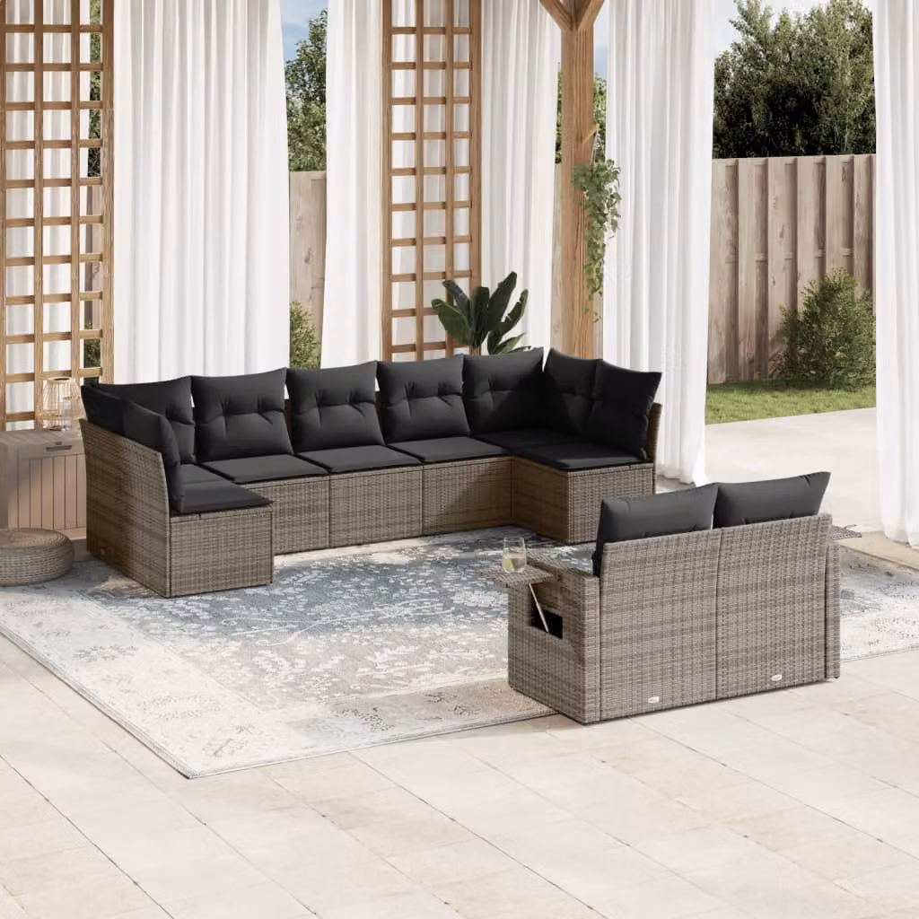 vidaXL Set Divano da Giardino a L 9 pz in Polyrattan Grigio con Cuscini e Tavolino – 1