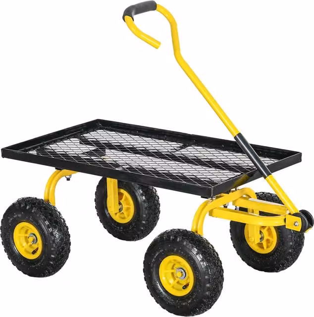 Carrello da giardino Outsunny in acciaio con maniglia rivestita, Giallo e Nero, H 100 x L 94 x P 48,5 cm