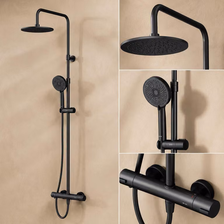 Sistema doccia AM.PM con termostato, doccia a pioggia Ø 25 cm, miscelatore termostatico per doccia, set completo con colonna doccia, tecnologia Air-in, colore nero, modello F078Y422