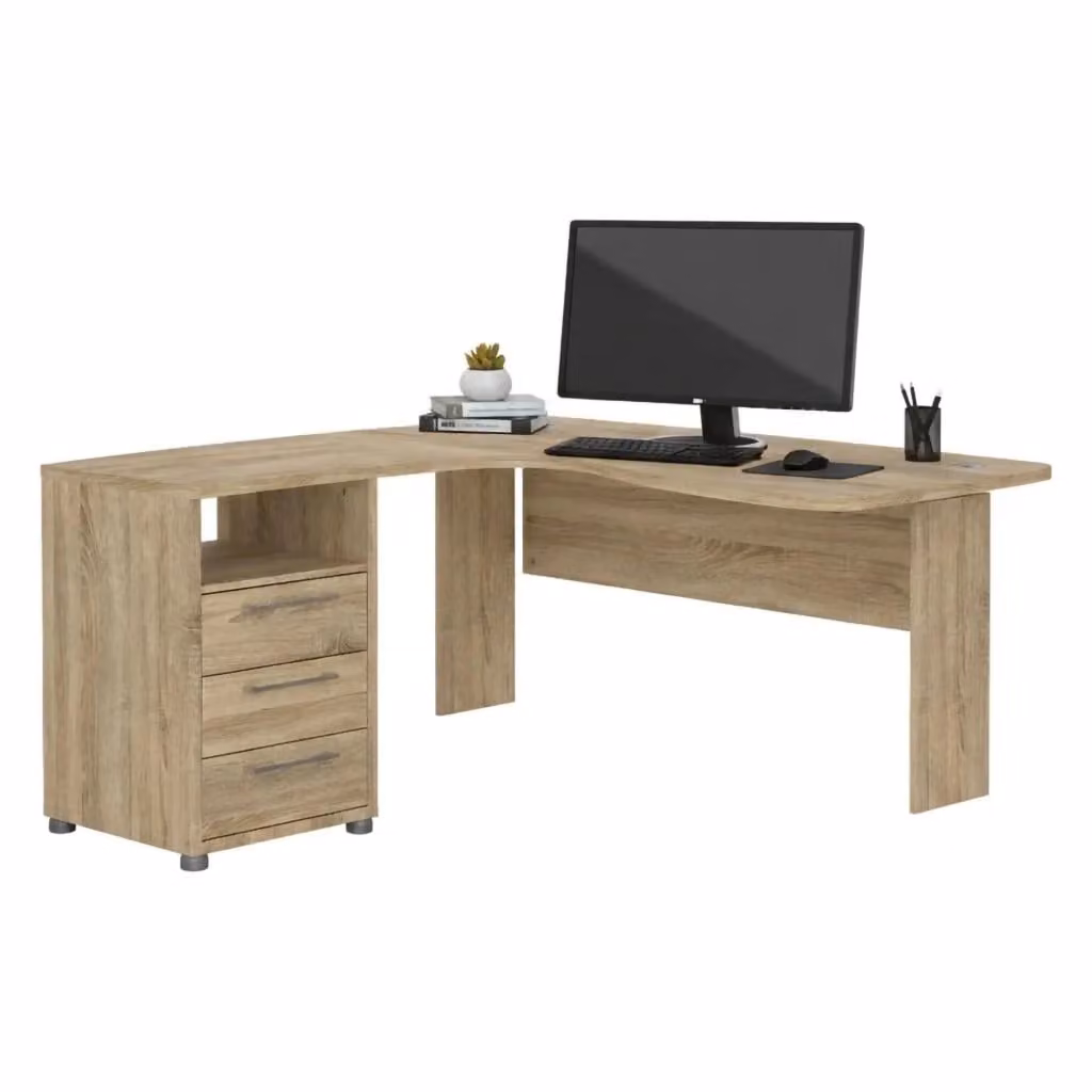 Scrivania DMORA Lumpur moderna in legno color quercia con cassettiera, L: 150,4 cm, P: 150,4 cm, H: 75,4 cm – 2