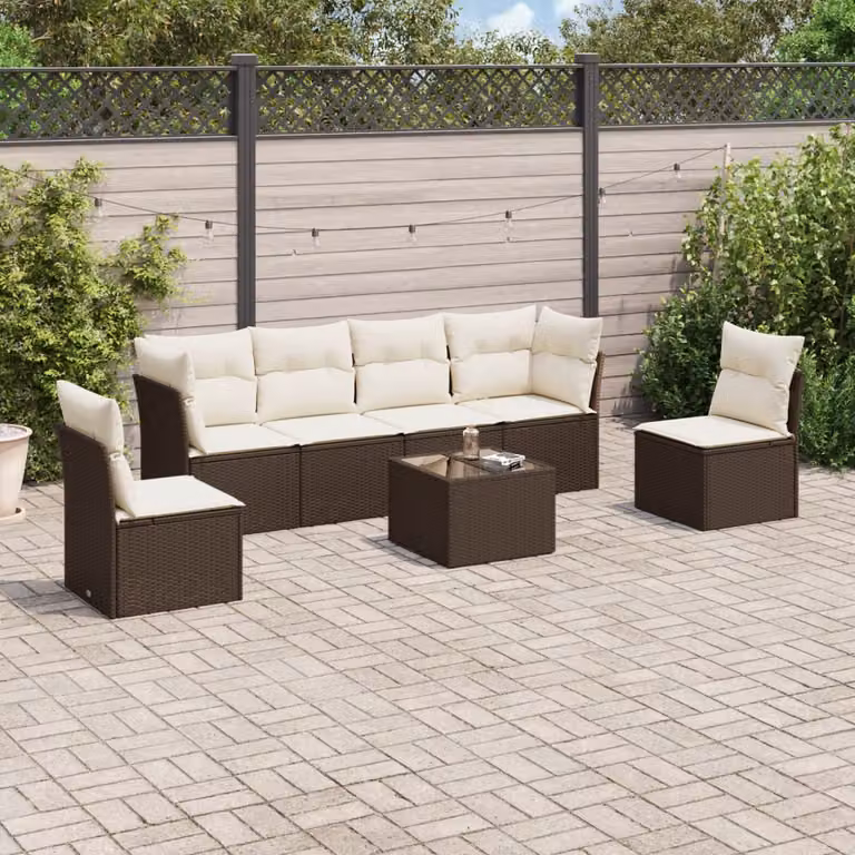 Set di divani da giardino vidaXL in polyrattan marrone con cuscini e tavolino da esterno a forma di L