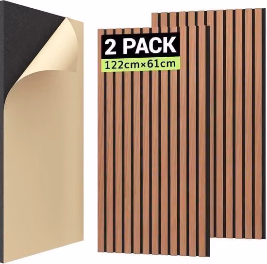 Pannelli acustici autoadesivi in legno TONOR Slat Wall, isolanti e assorbenti per ufficio, Arancione, L/P/H: 122 x 61 x 2,1 cm, 2 pezzi (1,488 m²)