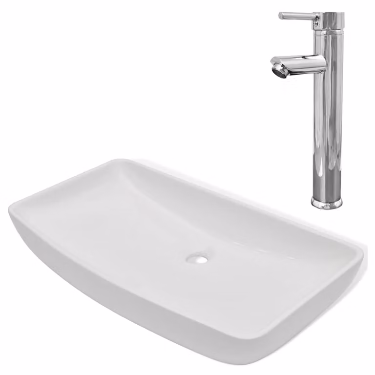 Lavello Bagno con Miscelatore in Vetroceramica Rettangolare Bianco