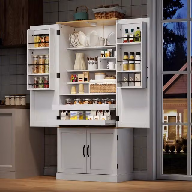 Mobile colonna da cucina con ripiani regolabili cassetti e luce con sensore di movimento bianco 80 × 40 × 180 cm
