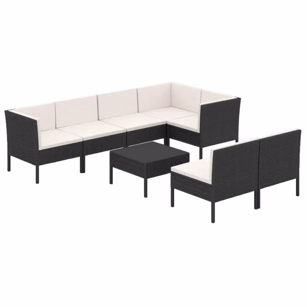 Set da giardino moderno vidaXL composto da 8 pezzi con cuscini bianchi e struttura in rattan nero e metallo a forma di L – 2