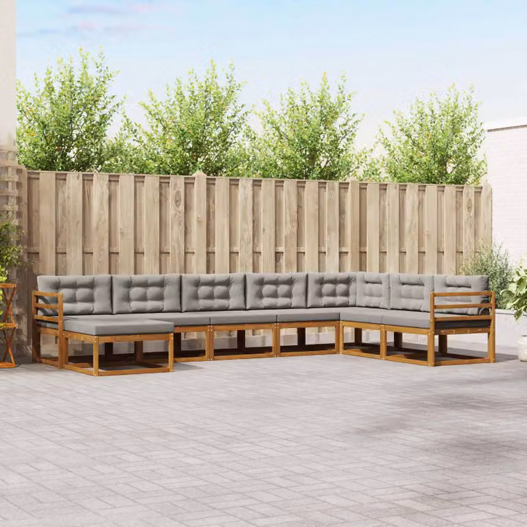 vidaXL Set di divani da esterno 8 pz a forma di L in legno di acacia con cuscini Grigio e Marrone