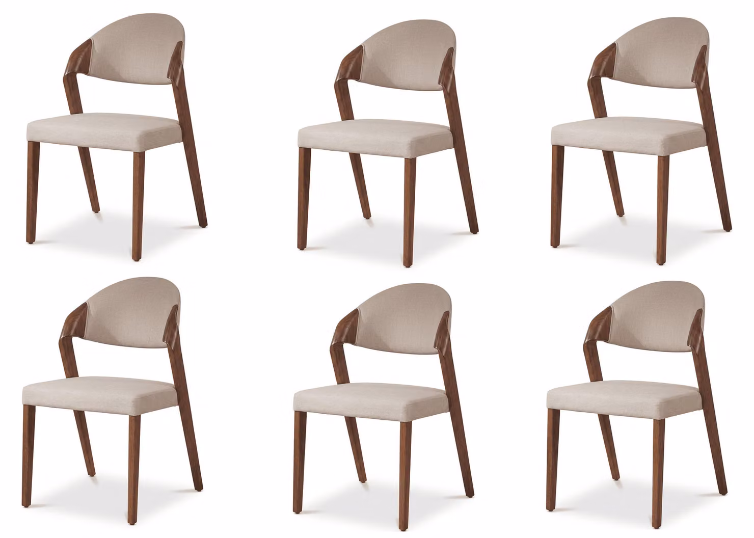 Un set di sei eleganti sedie da pranzo in stile metà secolo, rivestite in tessuto beige e con gambe in legno di quercia bianca