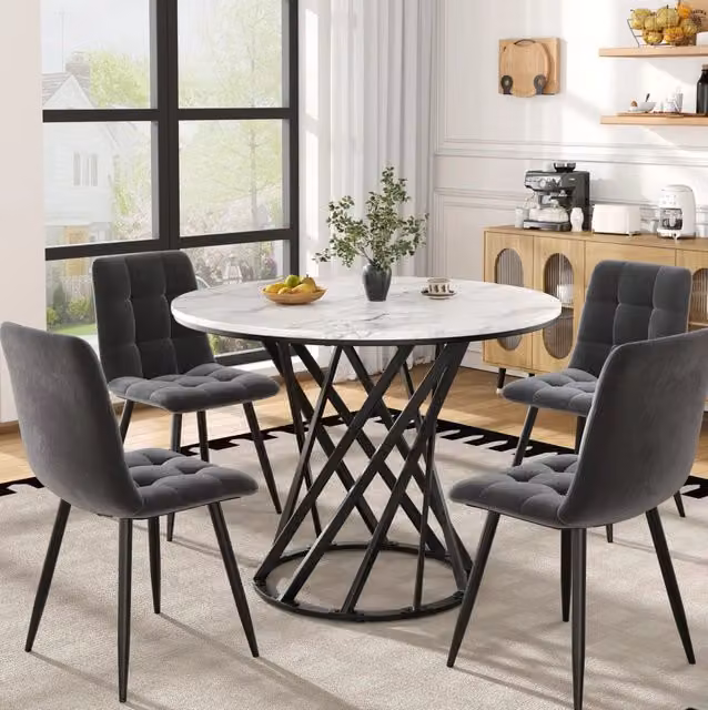 Set da pranzo 5 pezzi con tavolo rotondo MDF bianco 80 cm e 4 sedie in velluto nero con gambe in metallo