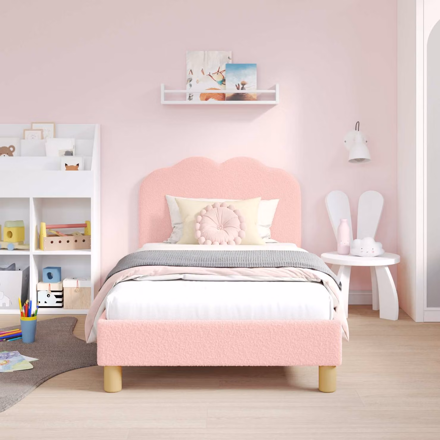 Struttura letto per bambini vidaXL con testata in tessuto bouclé rosa, L 160 x P 80 x H 84 cm