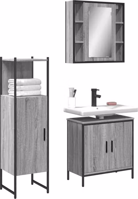 Set Mobili da Bagno Moderno vidaXL in Grigio composto da Armadietto Specchio, Mobile Lavabo e Colonna, L/P/H: 120.5 x 60 x 30 cm
