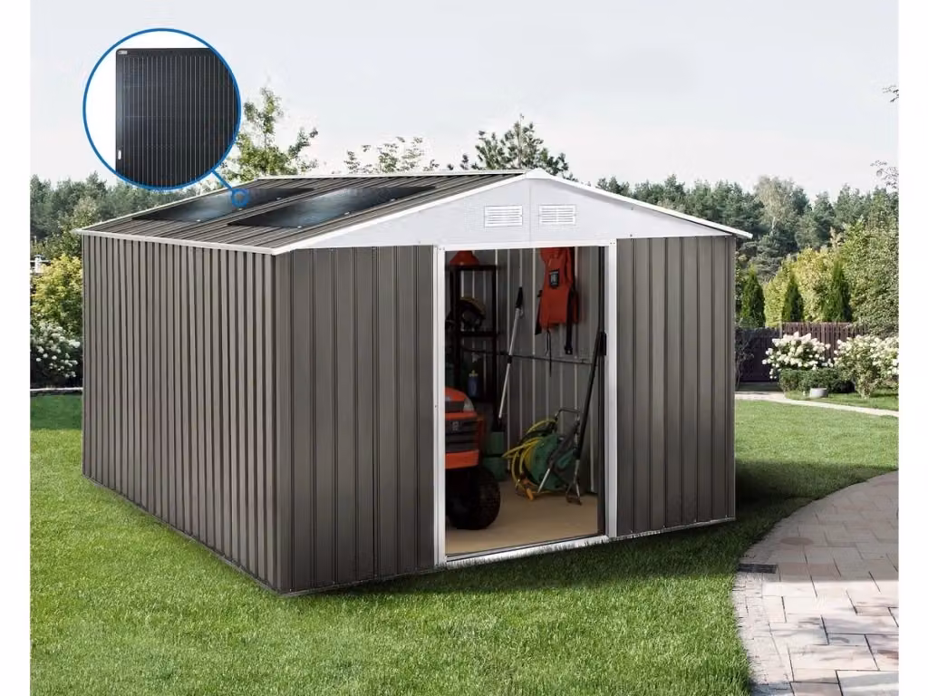 Capanno da giardino in metallo Dallas HABITAT ET JARDIN con pannello solare e porta scorrevole, grigio e bianco, 15,16 m² – 2