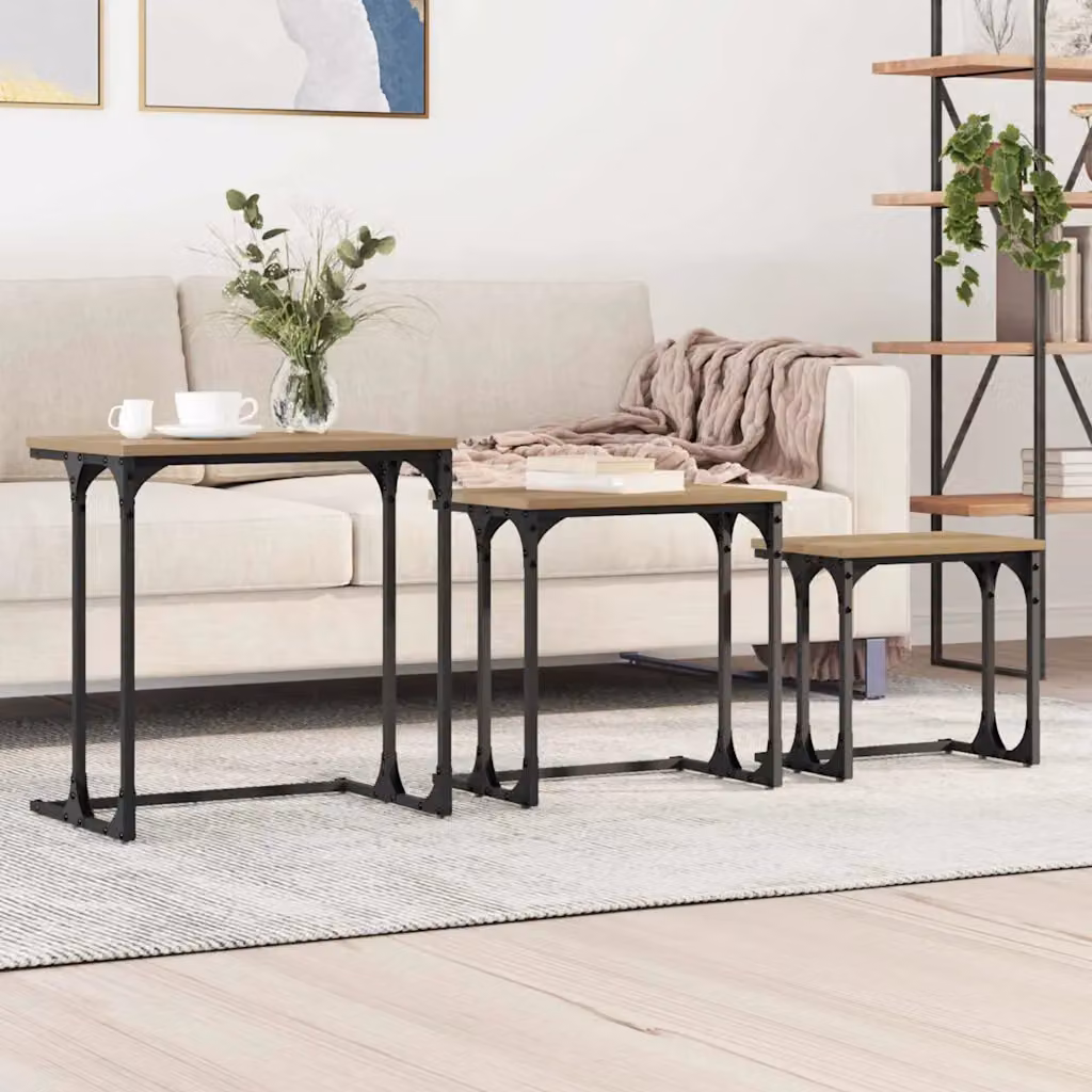 Set di 3 tavolini da caffè nesting vidaXL in stile industriale con piano in rovere e struttura in metallo nero