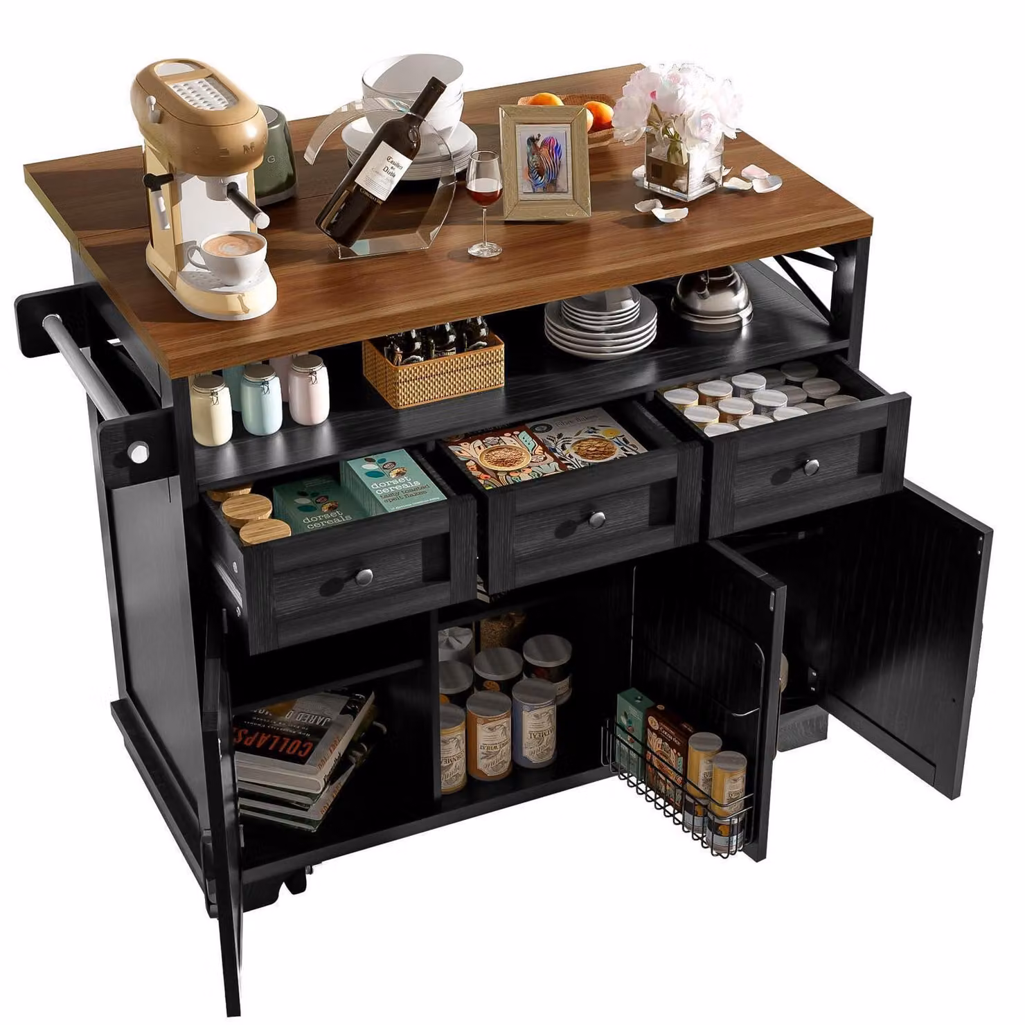 Isola da cucina con ruote e portasciugamani, estendibile, finitura effetto legno, colore nero, dimensioni 118x70x98 cm