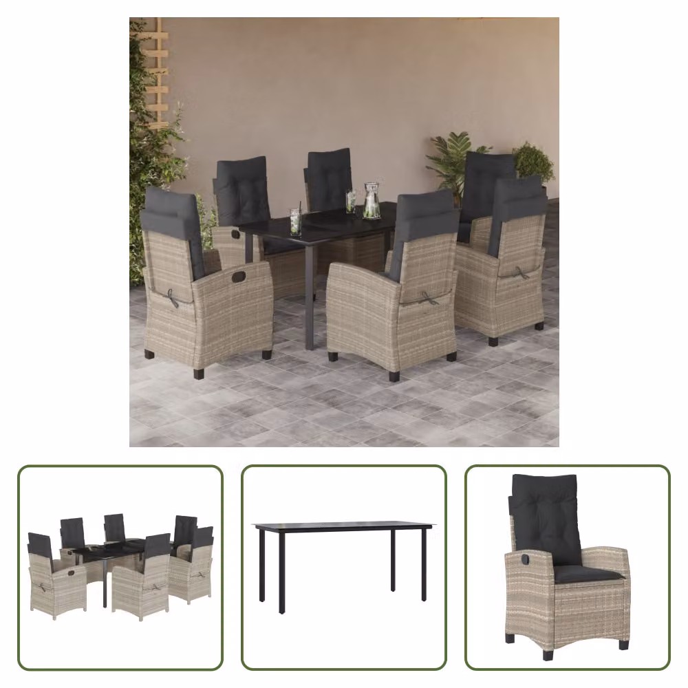 The Living Store Set da pranzo da giardino 7 pezzi con cuscini in poly rattan grigio chiaro