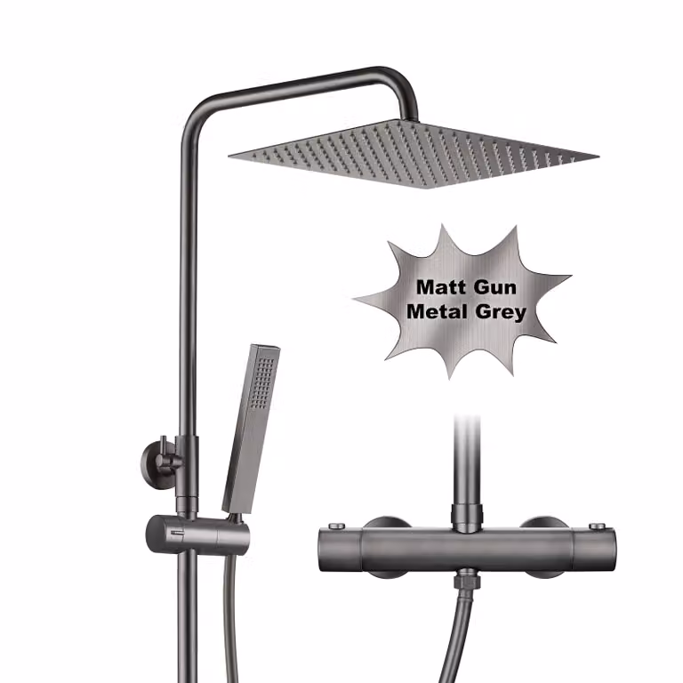 JOHO Acciaio Inox con Miscelatore Colonna Doccia RubinettoTermostatico Altezza Regolabile Bagno Set Pioggia Soffione Doccetta Grigio Fucile 25×25cm