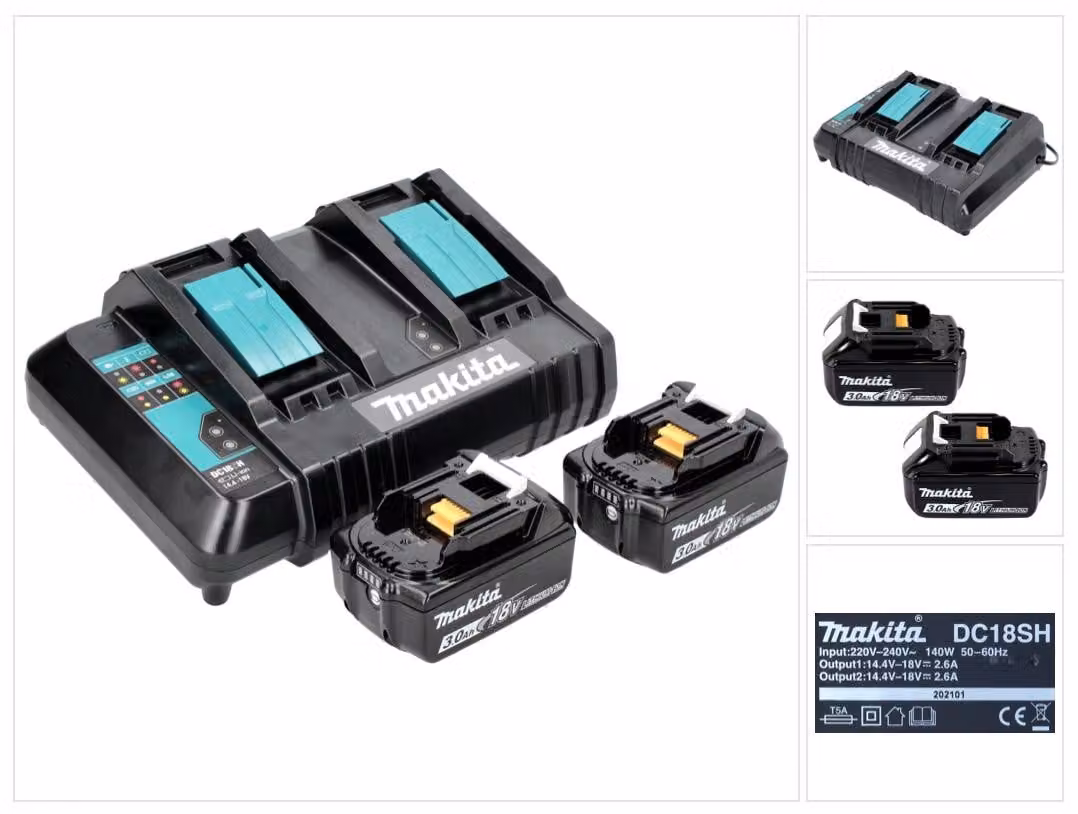 Kit di alimentazione Makita 18 V con 2x batteria BL 1830 B 3,0 Ah ( 197599-5 ) + caricabatterie doppio DC 18 SH ( 199687-4 )