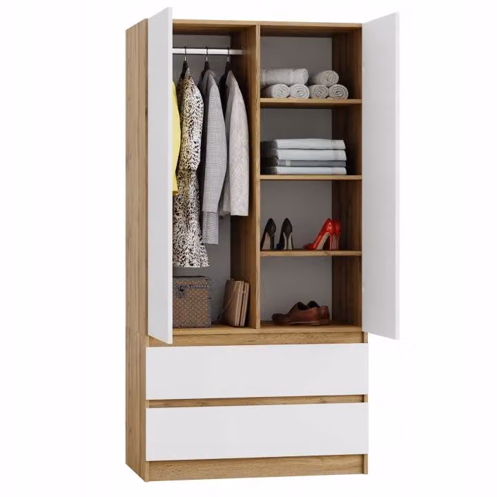 Armadio Novela, Wotan/Bianco a 2 ante | Armadio moderno per camera da letto 90 x 180 x 50 cm | Armadio guardaroba per corridoio e camera dei bambini, capiente
