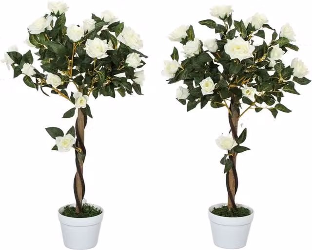 Pianta finta di rose Outsunny con 21 fiori e vaso in cemento, Bianco, Ø18 x H 90 cm