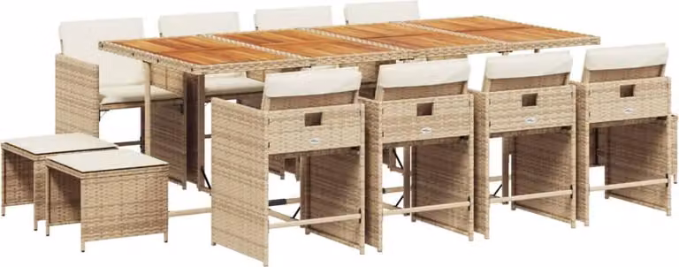 Set da Pranzo da Giardino 13 pz con Cuscini Beige in Polyrattan