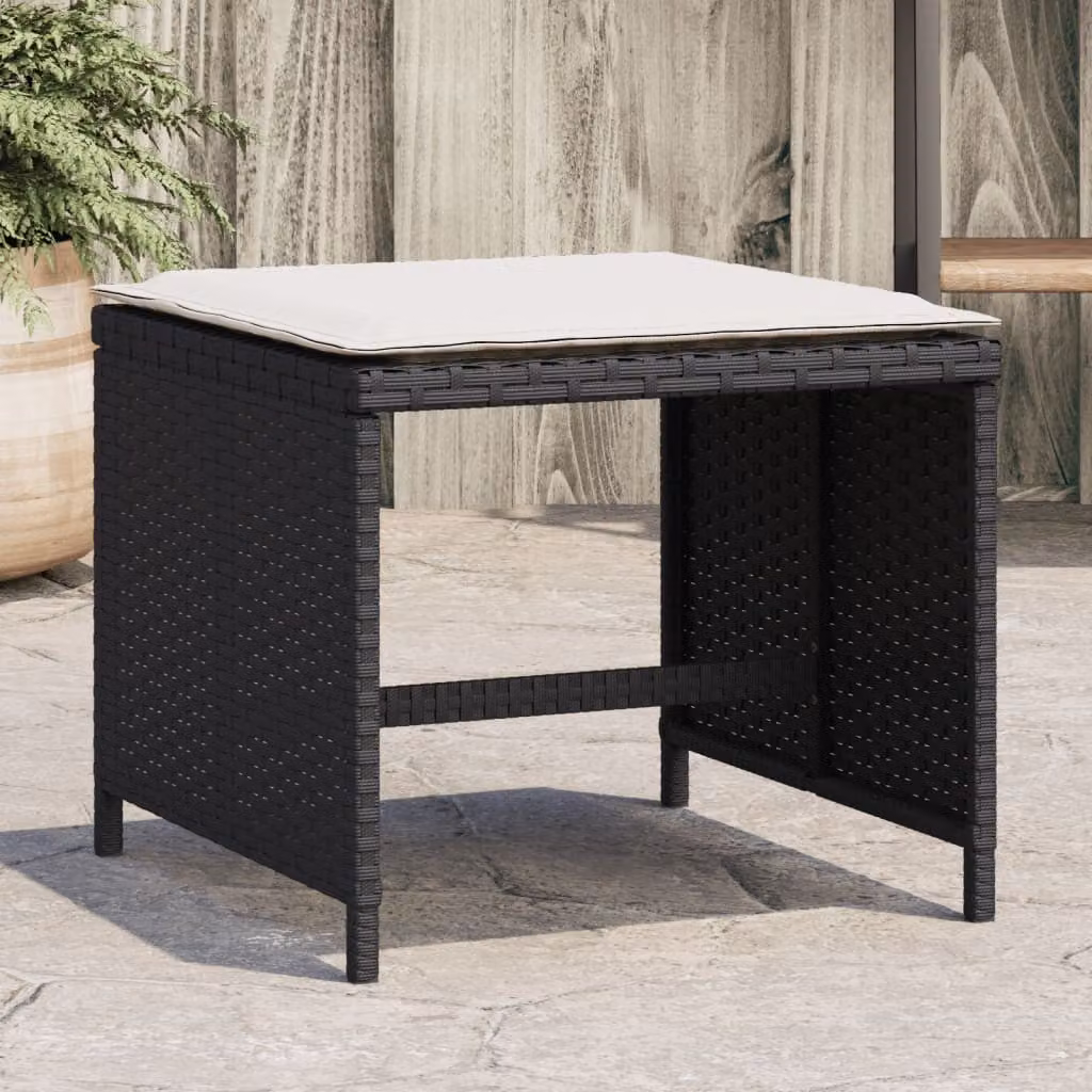 Set di 4 sgabelli da giardino vidaXL in polyrattan nero con cuscini, L/P/H: 40 x 40 x 35 cm