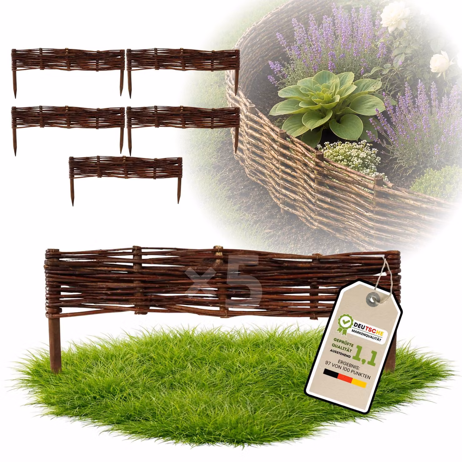 Floranica 5 pezzi Recinzione in vimini 10 cm x 60 cm – Staccionata da giardino intrecciata Palizzata Recinzione naturale Bordo aiuola