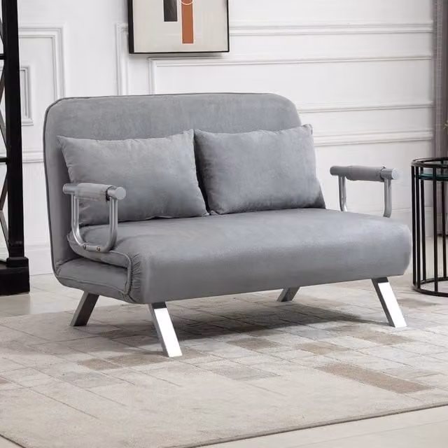 Divano Letto Click Clack Moderno WISHDOR in Tessuto Grigio con Schienale Regolabile e Cuscini, L: 200 cm, P: 80 cm, H: 111 cm