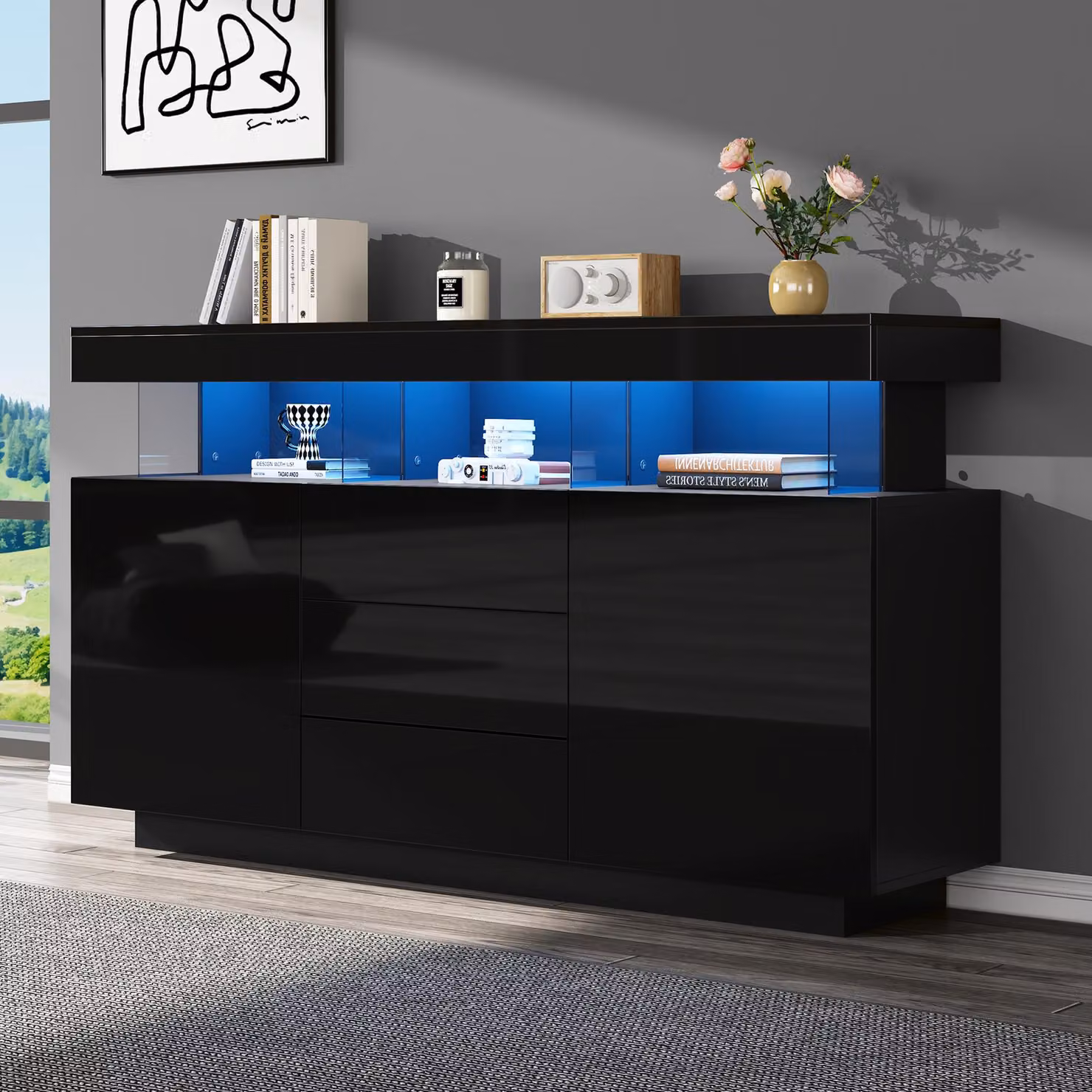 Mobile bar a buffet nero, in acrilico, con strisce LED e angolo caffè
