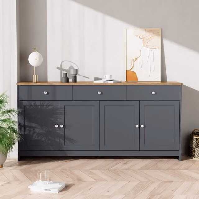 Sideboard grigio e nero con effetto legno, 4 ante, 3 cassetti per soggiorno e sala da pranzo