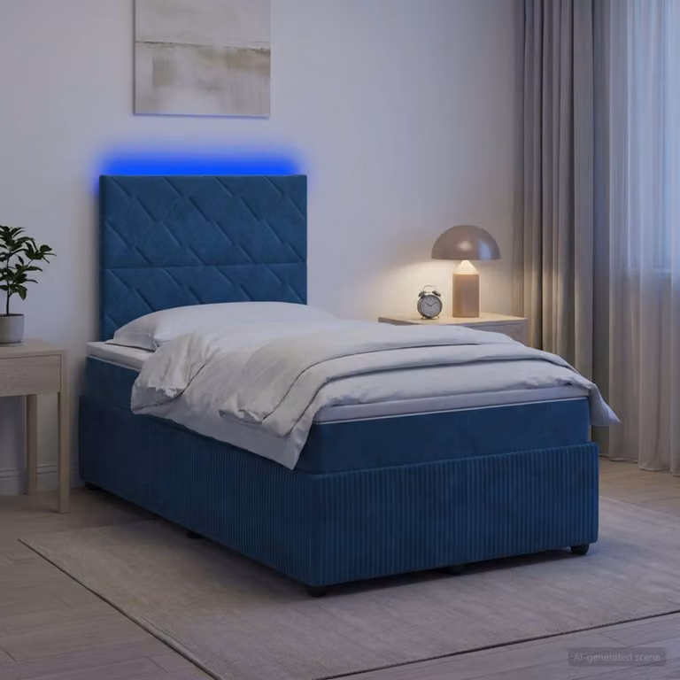 Letto Box Spring vidaXL in Velluto Blu con Materasso Ibrido e Illuminazione LED sotto il letto, L: 200 cm, P: 120 cm