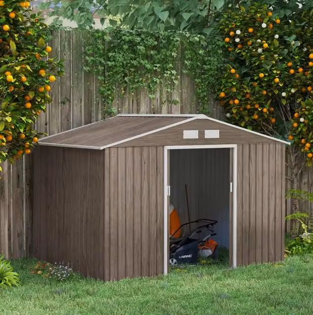 Casetta da giardino ULEVR 277x195x192 cm in acciaio marrone con 2 porte scorrevoli e aperture di ventilazione