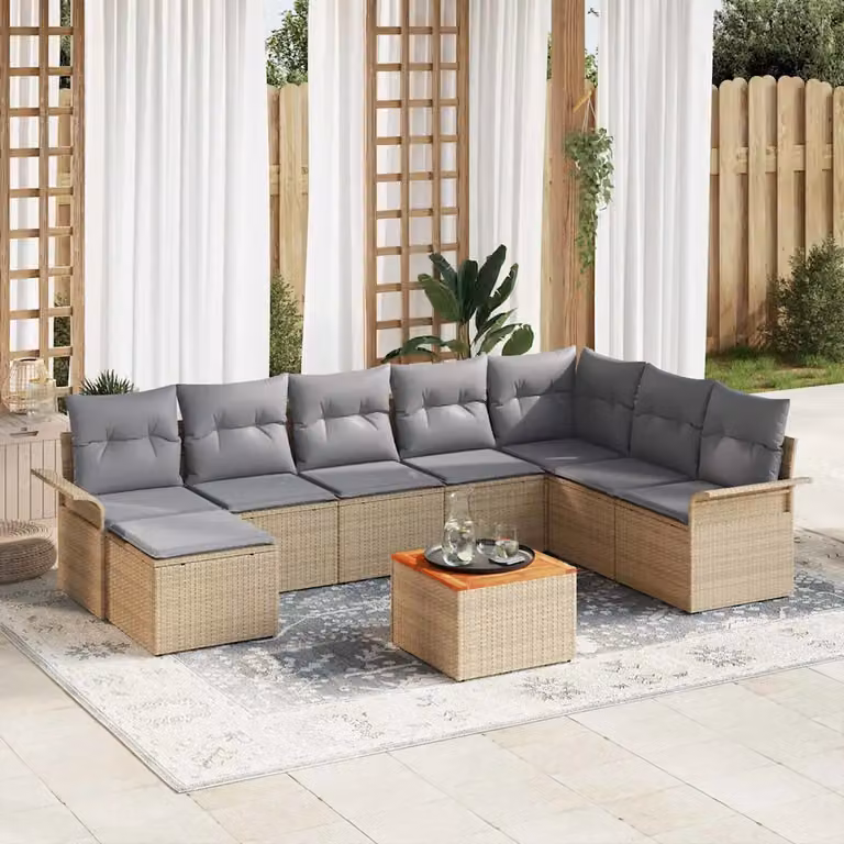 vidaXL Set Divano da Giardino Moderno a L in Polyrattan Beige con Cuscini e Tavolino da Esterno 9 Pezzi