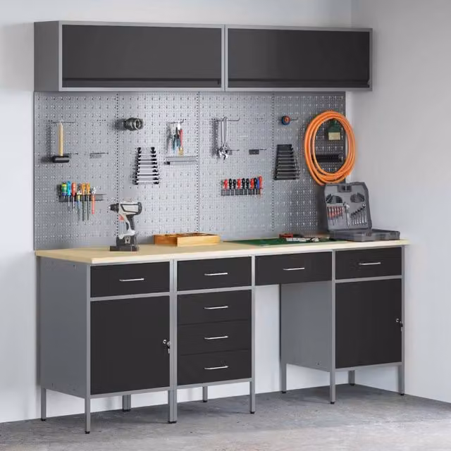 Set di mobili da lavoro vidaXL in acciaio e legno con cassetto con blocco, 10 pezzi, Nero